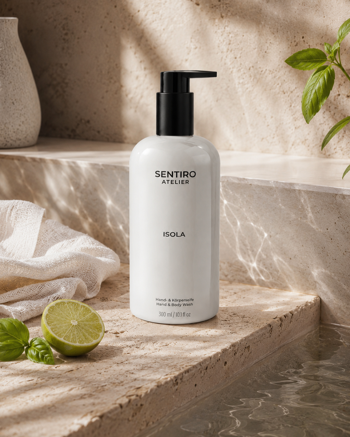 ISOLA Hand und Body Wash auf einem hochwertigen Waschtisch